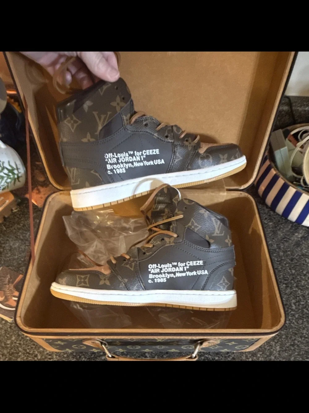 Off-Louis LV Air Jordan 1 High Top Sneakers Brown/Tan Monogram Lace-Up